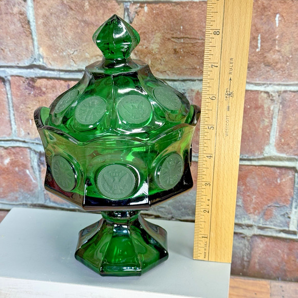 Fostoria Glass Emerald Green Coin Dot 8 1/2" Wedding Bowl Covered Candy Jar Lid‎ - Picture 3 of 13